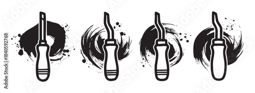 Wood carving tools vector illustration set featuring various chisels and gouges with artistic brushstroke elements, perfect for craft and woodworking designs.