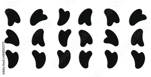 Collection of black gua sha massage tools displayed in a repeating pattern against a white background