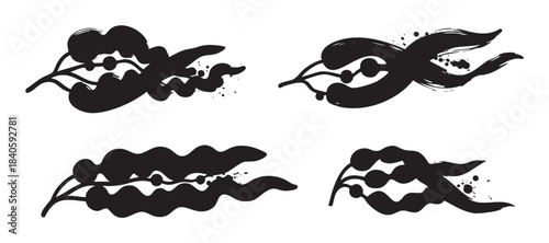 Stylized black seaweed illustrations in a brushstroke style create an abstract and organic pattern suitable for various design projects and marine themes.