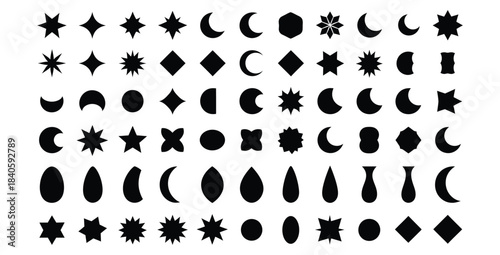 Collection of black celestial and abstract geometric shapes perfect for mystical design projects
