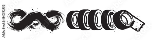 Dynamic black brushstroke and a series of grunge tape rolls form an expressive, artistic illustration with textured ink splatters and rough edges.