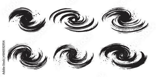 Six dynamic swirling brushstrokes create an artistic and expressive abstract design with a grunge texture, perfect for creative projects.