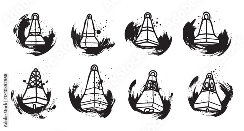 Buoys nautical marine navigation markers collection featuring artistic grunge ink brushstroke elements and splatters, ideal for maritime design.