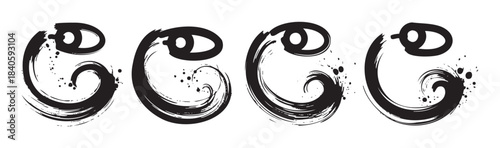 Abstract black brushstroke designs with swirling artistic elements and ink splatters create a dynamic and expressive graphic illustration.