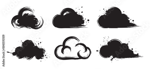 Abstract grunge cloud shapes with various artistic brushstrokes and ink splatters creating a dynamic and expressive design element collection for creative projects.
