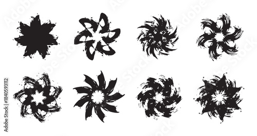 Abstract grunge ink brush stroke designs collection showcasing various dynamic and expressive artistic elements with textured details.