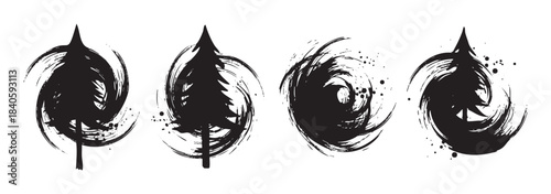 Four abstract pine trees with swirling brushstroke designs create a minimalist and artistic nature illustration, evoking a sense of natural beauty and artistic expression.