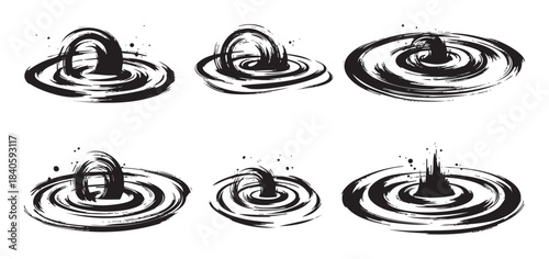 Ink splashes and water ripples collection in a dynamic brushstroke style, creating abstract liquid movement and artistic textures.