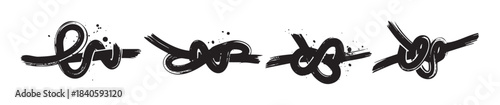 Four abstract brushstroke knots are depicted in a grunge, hand-drawn style, forming a unique graphic design element with artistic ink splatters.