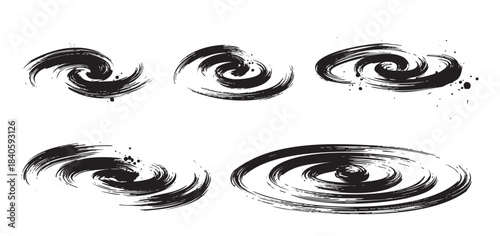 Abstract black brushstroke swirl designs create a dynamic and artistic collection of ink elements for creative projects and graphic design.