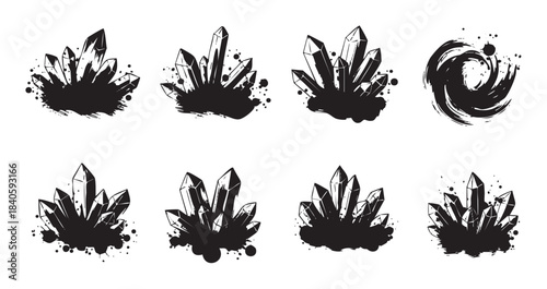 Ink style crystal clusters and an abstract swirl element are depicted in a collection of grunge vector illustrations with splatter effects.