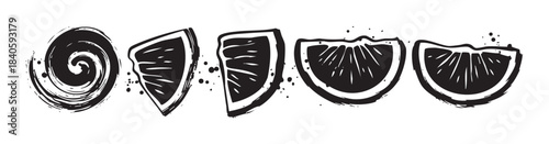 Stylized citrus fruit slices and abstract swirl elements with a distressed grunge texture, perfect for graphic design and healthy food concepts.