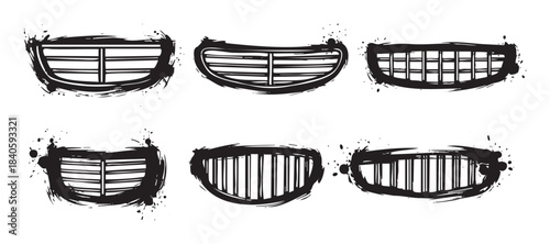 Stylized car grilles vector illustration set with grunge ink splatters and brushstroke textures, perfect for automotive design projects and creative graphic elements.
