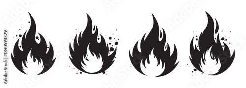 Four stylized black fire flame icons with dynamic shapes and scattered sparks represent heat, energy, and danger in a striking graphic design.