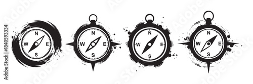 Four stylized compass designs with grunge texture and directional pointers offer a vintage navigation theme for adventure, exploration, and travel concepts.