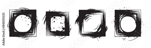 Four black grunge frames with artistic brushstroke textures create a dynamic and edgy design element for various creative projects and graphic compositions.