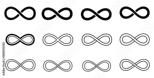 Collection of twelve distinct infinity symbols presented in black and white graphic variations for design use