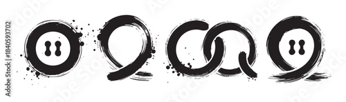 Abstract black ink brushstroke shapes and stylized button elements create a dynamic and expressive artistic design with grunge texture.