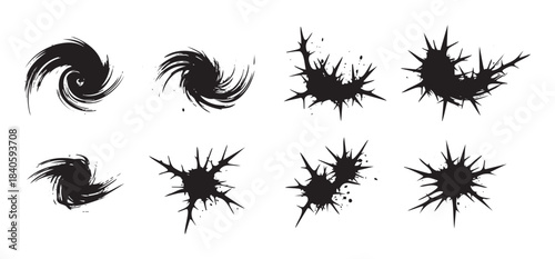 Abstract black shapes vector collection featuring swirling brushstrokes and spiky grunge elements, perfect for graphic design projects and creative overlays.