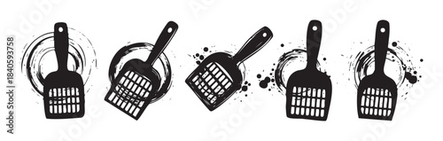 Cat litter scoop grunge style illustration set featuring various black silhouettes with distressed brushstroke circles and ink splatters, perfect for pet care designs.