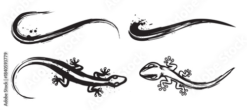 Stylized brush stroke lizards and abstract artistic elements create a dynamic and modern graphic design collection perfect for various creative projects.