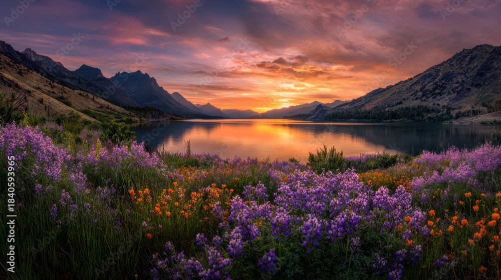 Naklejka premium Vibrant sunset painting the sky over a tranquil mountain lake with wildflowers in the foreground.