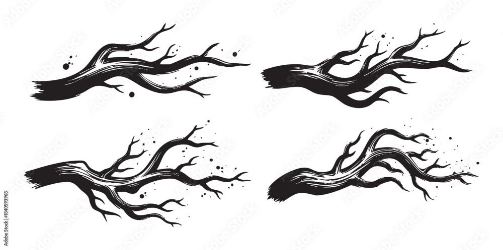 Fototapeta premium Stylized bare tree branches with an abstract grunge texture and ink splatter effect create a dynamic and artistic natural element design.