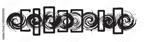 Abstract black brushstroke elements form a decorative horizontal banner with dynamic grunge swirls and textured rectangular frames.