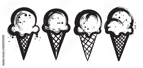Four distinct ice cream cones with a hand-drawn brushstroke style, featuring melting scoops and artistic splatters, perfect for summer designs.