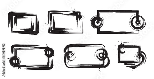 Ink brushstroke frames collection featuring six unique artistic borders with a grunge texture and expressive hand-drawn style for creative design elements.