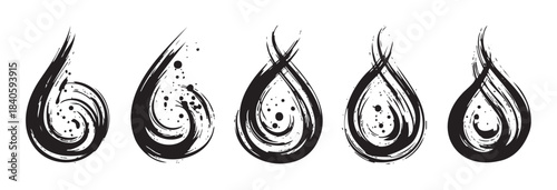 Abstract ink brush strokes form a collection of stylized teardrop and flame-like shapes with dynamic swirls and splatters, showcasing artistic graphic elements.