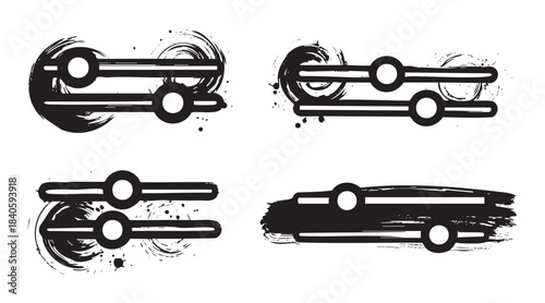 Abstract grunge equalizer sliders with artistic brushstroke details represent sound control and audio adjustment in a modern graphic design.