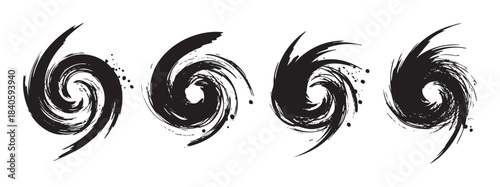 Four black brush stroke swirls create dynamic abstract designs with expressive texture and artistic movement, perfect for graphic elements.
