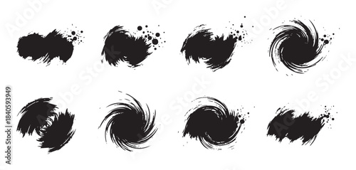 Ink brush strokes splatters create a dynamic collection of abstract graphic design elements with grunge textures and artistic flair.
