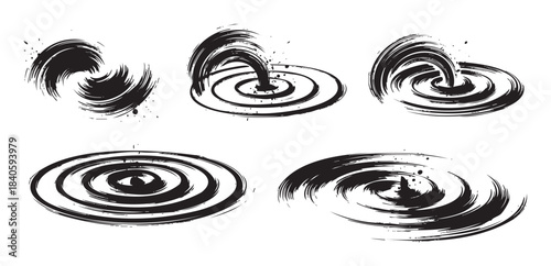 Abstract brushstroke elements depicting various water ripples and splashes in an expressive ink style, showcasing dynamic movement and artistic grunge textures.