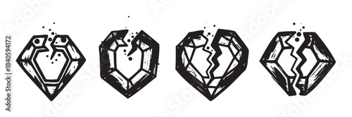 Four stylized broken diamonds with rough textures and various crack patterns symbolizing loss, damage, or imperfection in a grunge art style.