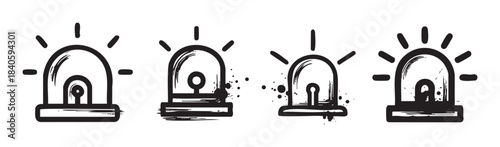 Emergency light siren icon set features a collection of hand-drawn, distressed warning symbols with radiating lines, perfect for safety and alert designs.