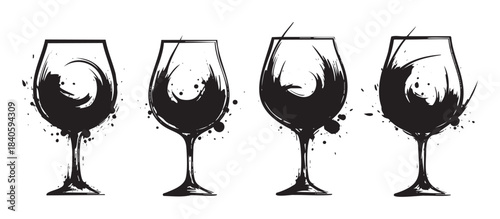 Elegant wine glasses featuring dynamic black ink splashes and swirling liquid create a sophisticated and artistic beverage illustration for design.