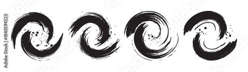 Black brushstroke spiral shapes with an artistic, textured, and expressive ink splatter effect, creating a dynamic and abstract design element.