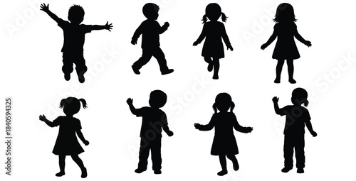 Collection of diverse black silhouette vector icons depicting happy children playing and waving in motion