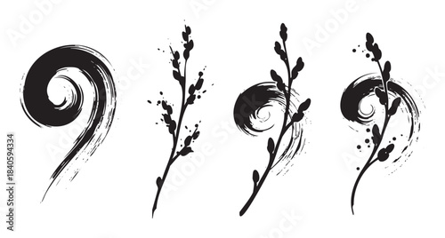 Artistic brushstrokes and stylized branches with buds create a harmonious and minimalist design set, perfect for various creative projects.