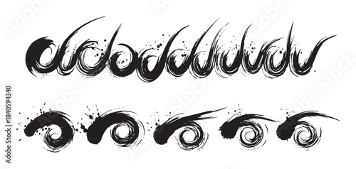 Abstract brush strokes create dynamic artistic wave patterns with a textured, hand-drawn grunge effect, perfect for creative design elements and decorative borders.