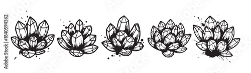 Five hand drawn crystal clusters with a mystical aesthetic, showcasing various faceted gemstone formations in a bold black and white ink sketch style.