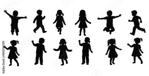 Collection of diverse black silhouette vector icons depicting happy children playing running jumping and waving