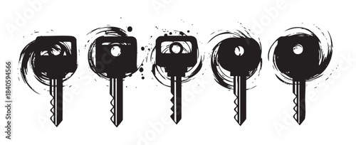 Five artistic grunge keys with brushstroke textures and ink splatters symbolize security, access, and unlocking new possibilities in a creative vector illustration.