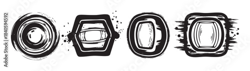 Abstract brushstroke shapes and grunge ink frames create a dynamic artistic design with a raw, textured, and expressive visual appeal.