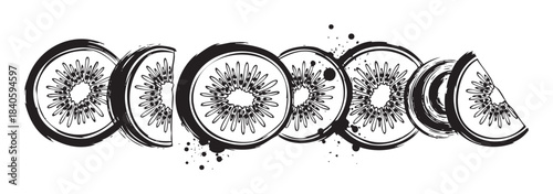 Kiwi fruit slices are creatively arranged in a decorative grunge style illustration featuring artistic brushstrokes and abstract ink splatters.