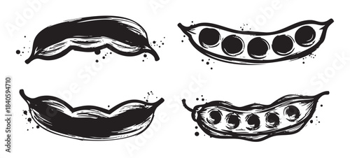 Four stylized black pea pods with a grunge brush stroke texture, depicting both closed and open pods revealing the seeds inside, presented in a rustic artistic style.