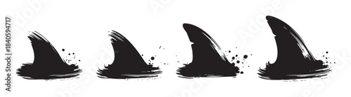 Black ink brushstroke shark fins emerge from the water with dynamic splashes, creating a menacing and powerful graphic illustration in a row.