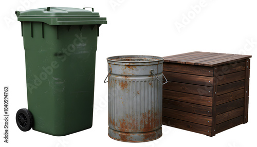 Fototapeta Naklejka Na Ścianę i Meble -  Green plastic wheelie bin alongside a rusty metal trash can and a wooden crate box